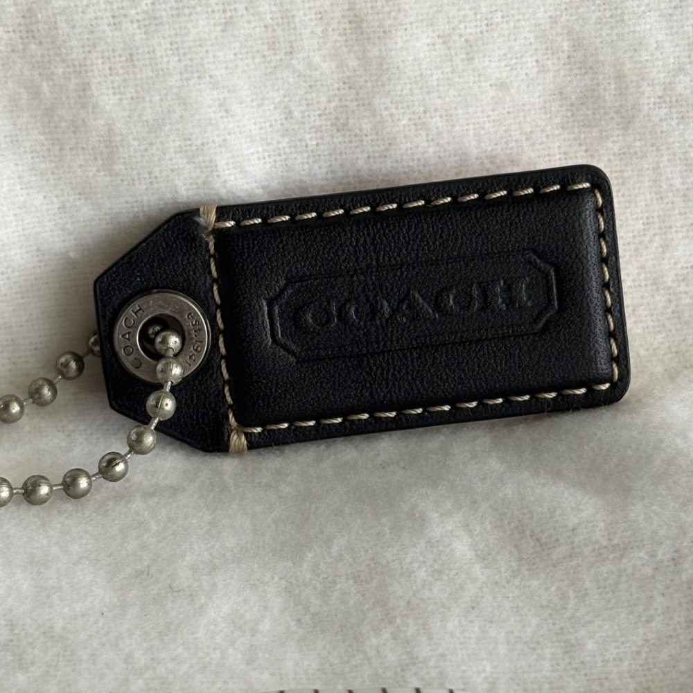 COACH 2.25" Hang Tag Fob Bag Charm Two-Tone Black Leather, Silver Ball Chain